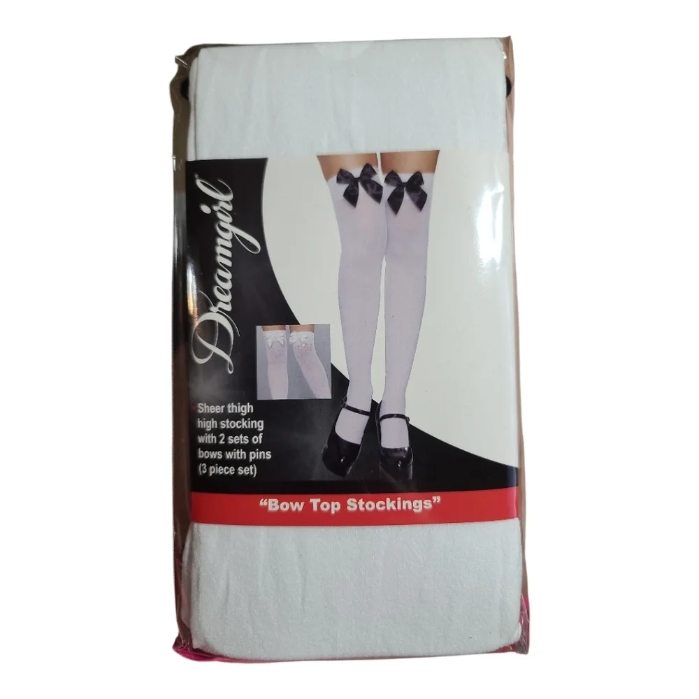White Thigh Highs with Black AND White Satin Bows on Top (2 sets of bows)o/s